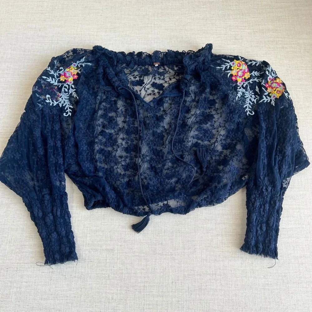 Free People Top Women's Navy Blue Blouse Lace Embroidered Sheer Elastic Waist
